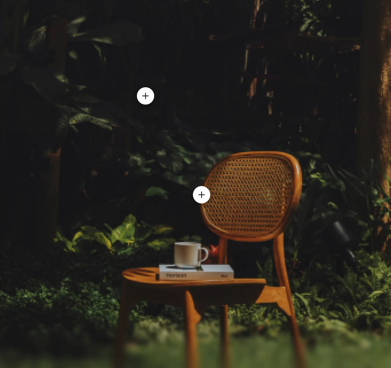 Handcrafted cane-backed wooden chair in a lush garden setting